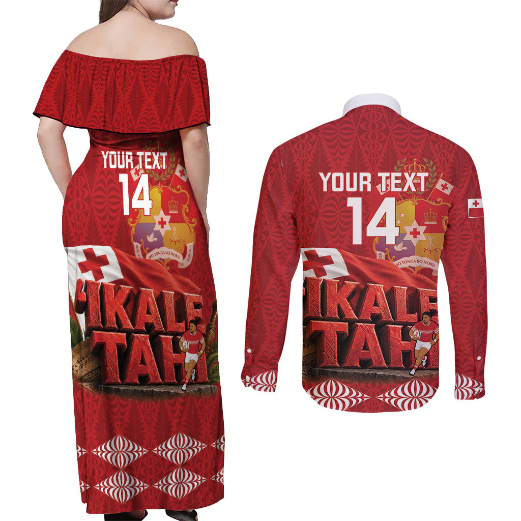 Tonga Rugby Custom Couples Matching Off Shoulder Maxi Dress and Long Sleeve Button Shirt 2026 Go Ikale Tahi Ngatu Pattern LT14 - Polynesian Pride