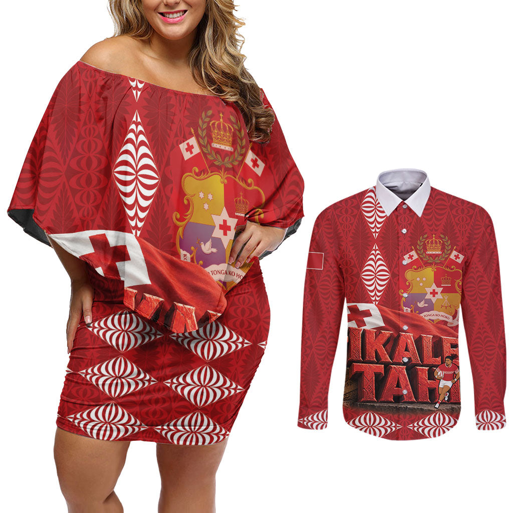 Tonga Rugby Custom Couples Matching Off Shoulder Short Dress and Long Sleeve Button Shirt 2026 Go Ikale Tahi Ngatu Pattern LT14 Red - Polynesian Pride