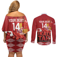 Tonga Rugby Custom Couples Matching Off Shoulder Short Dress and Long Sleeve Button Shirt 2026 Go Ikale Tahi Ngatu Pattern LT14 - Polynesian Pride