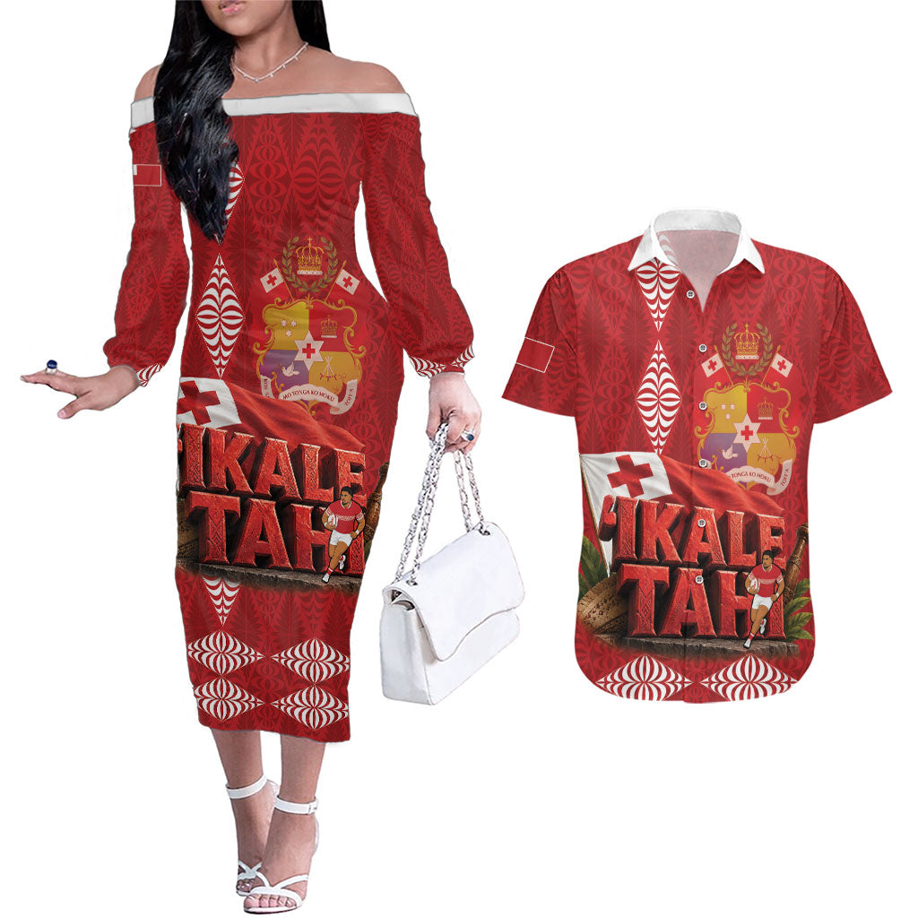 Tonga Rugby Custom Couples Matching Off The Shoulder Long Sleeve Dress and Hawaiian Shirt 2026 Go Ikale Tahi Ngatu Pattern LT14 Red - Polynesian Pride