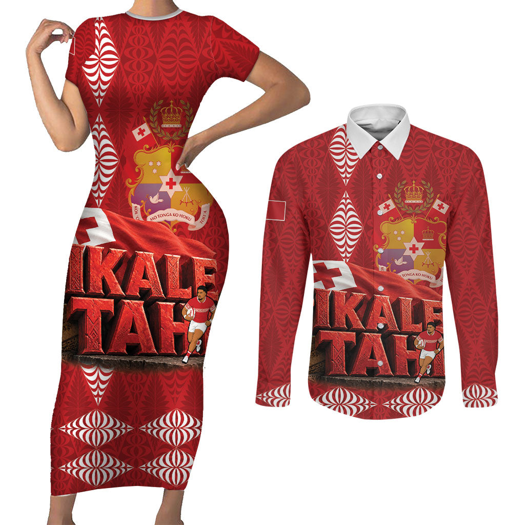 Tonga Rugby Custom Couples Matching Short Sleeve Bodycon Dress and Long Sleeve Button Shirt 2026 Go Ikale Tahi Ngatu Pattern LT14 Red - Polynesian Pride