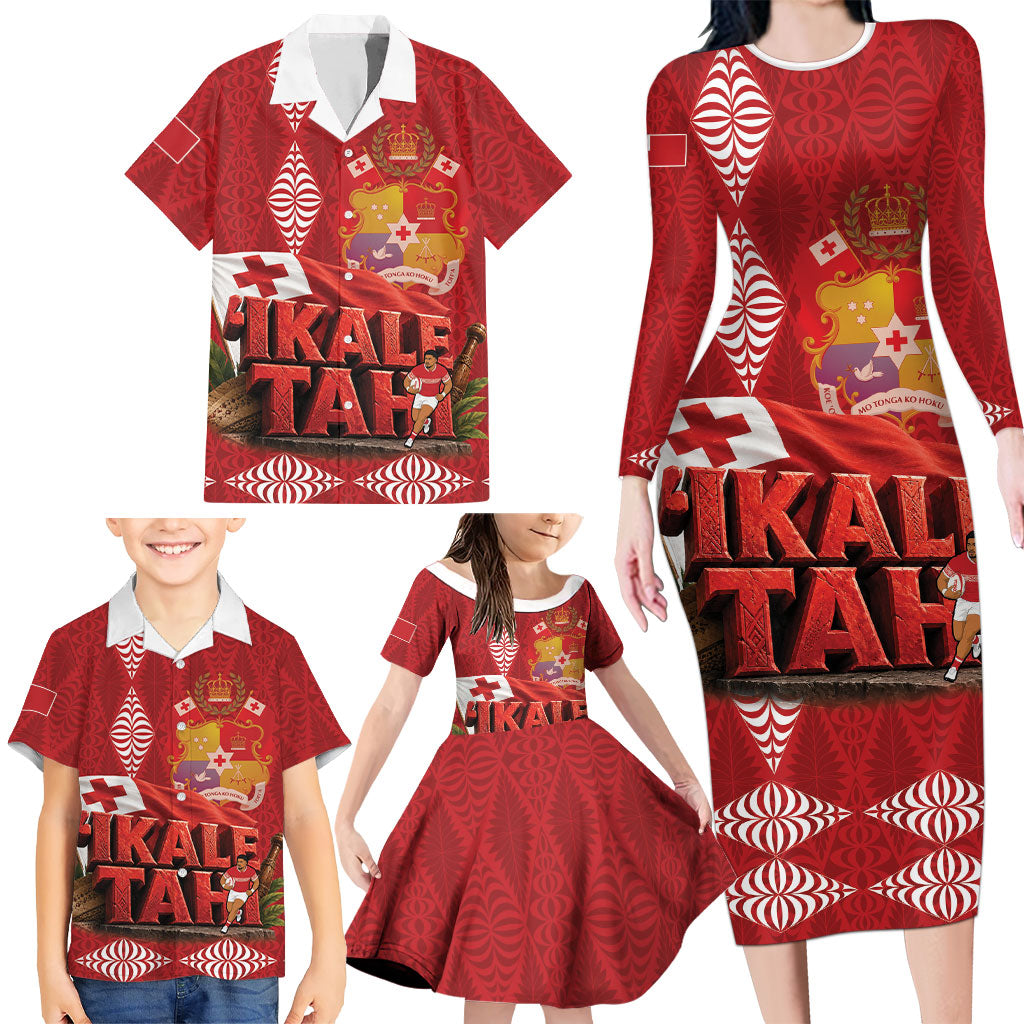 Tonga Rugby Custom Family Matching Long Sleeve Bodycon Dress and Hawaiian Shirt 2026 Go Ikale Tahi Ngatu Pattern LT14 - Polynesian Pride