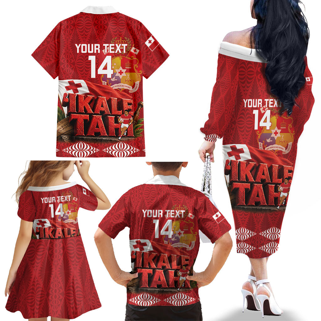 Tonga Rugby Custom Family Matching Off The Shoulder Long Sleeve Dress and Hawaiian Shirt 2026 Go Ikale Tahi Ngatu Pattern LT14 - Polynesian Pride