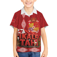 Tonga Rugby Custom Family Matching Off The Shoulder Long Sleeve Dress and Hawaiian Shirt 2026 Go Ikale Tahi Ngatu Pattern LT14 Son's Shirt Red - Polynesian Pride