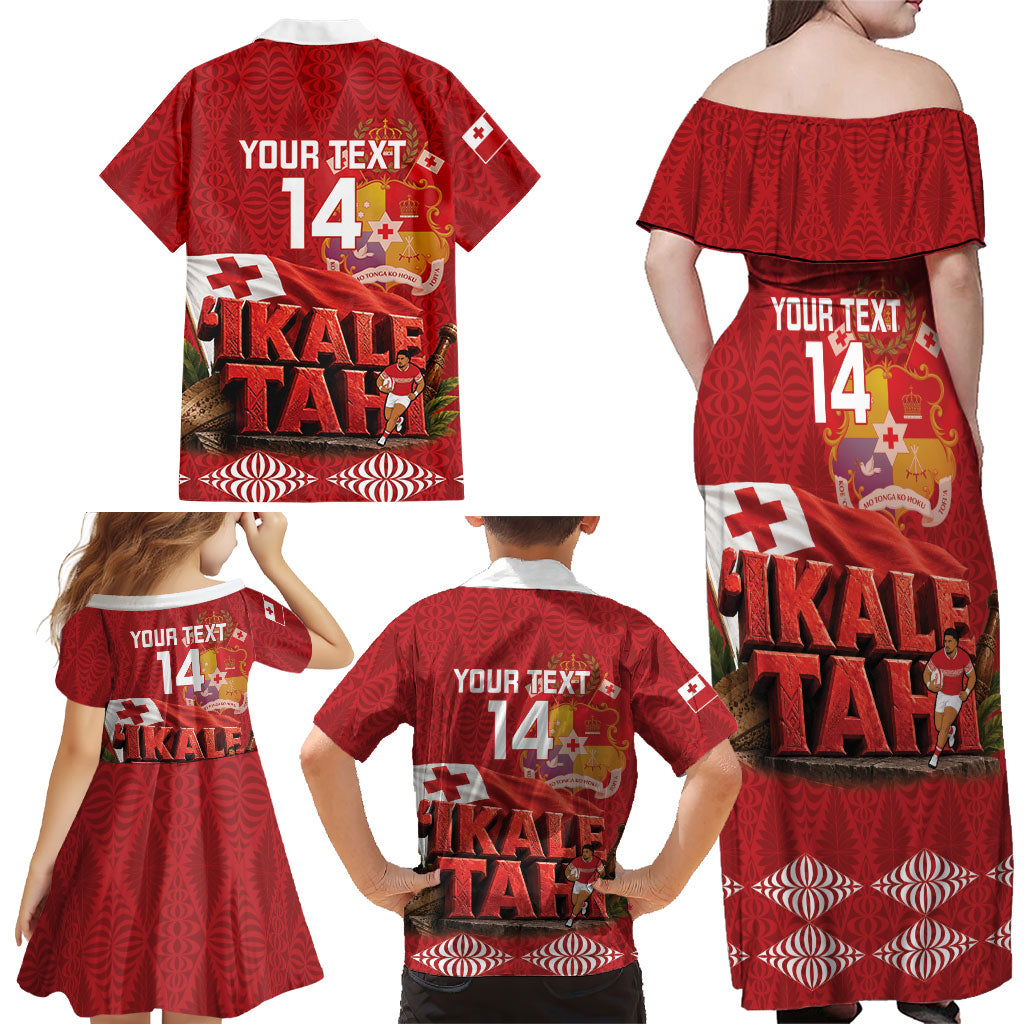 Tonga Rugby Custom Family Matching Off Shoulder Maxi Dress and Hawaiian Shirt 2026 Go Ikale Tahi Ngatu Pattern LT14 - Polynesian Pride