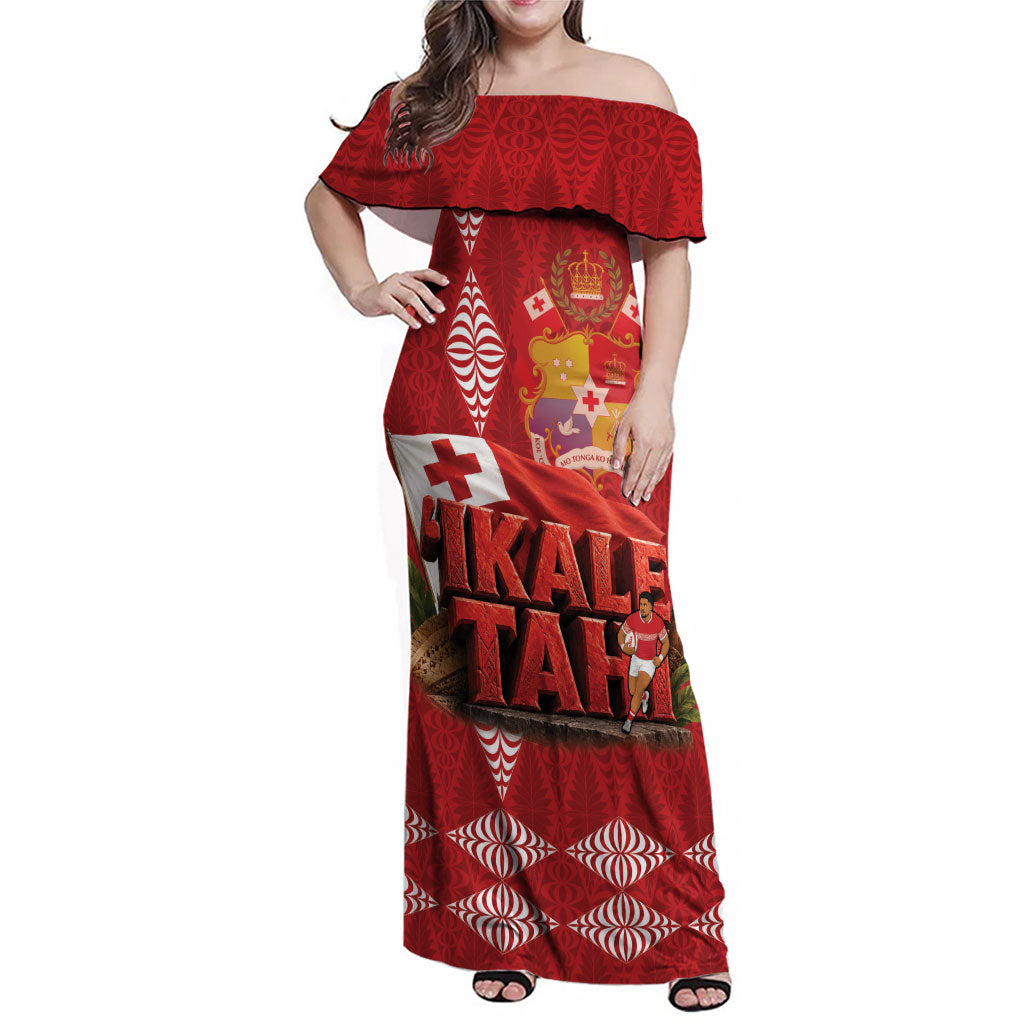 Tonga Rugby Custom Family Matching Off Shoulder Maxi Dress and Hawaiian Shirt 2026 Go Ikale Tahi Ngatu Pattern LT14 Mom's Dress Red - Polynesian Pride