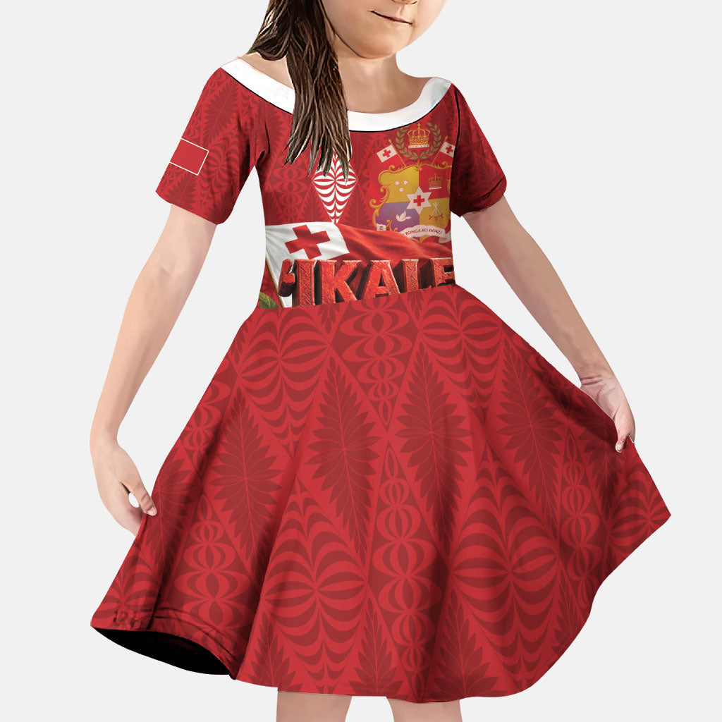 Tonga Rugby Custom Family Matching Short Sleeve Bodycon Dress and Hawaiian Shirt 2026 Go Ikale Tahi Ngatu Pattern LT14 Daughter's Dress Red - Polynesian Pride