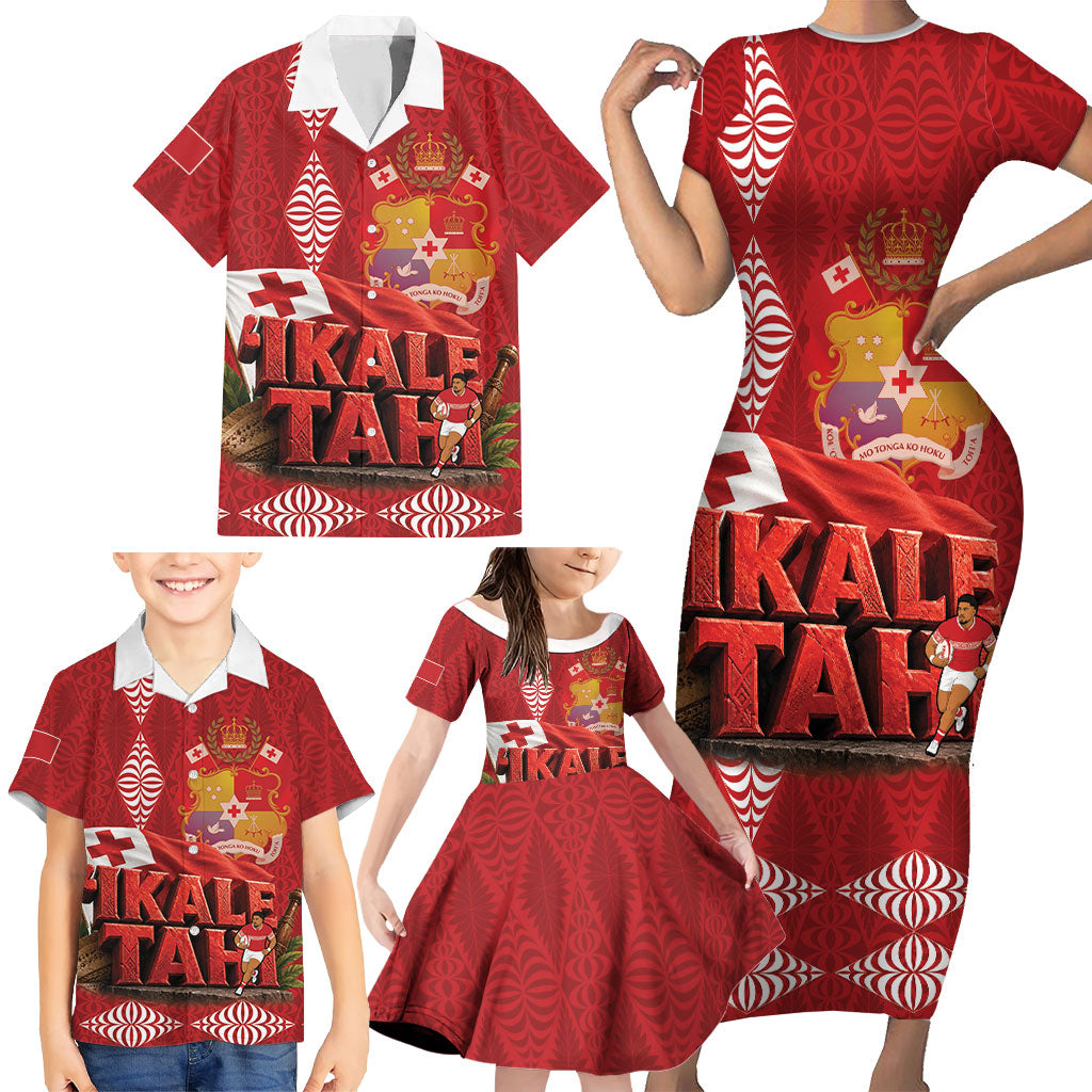 Tonga Rugby Custom Family Matching Short Sleeve Bodycon Dress and Hawaiian Shirt 2026 Go Ikale Tahi Ngatu Pattern LT14 - Polynesian Pride