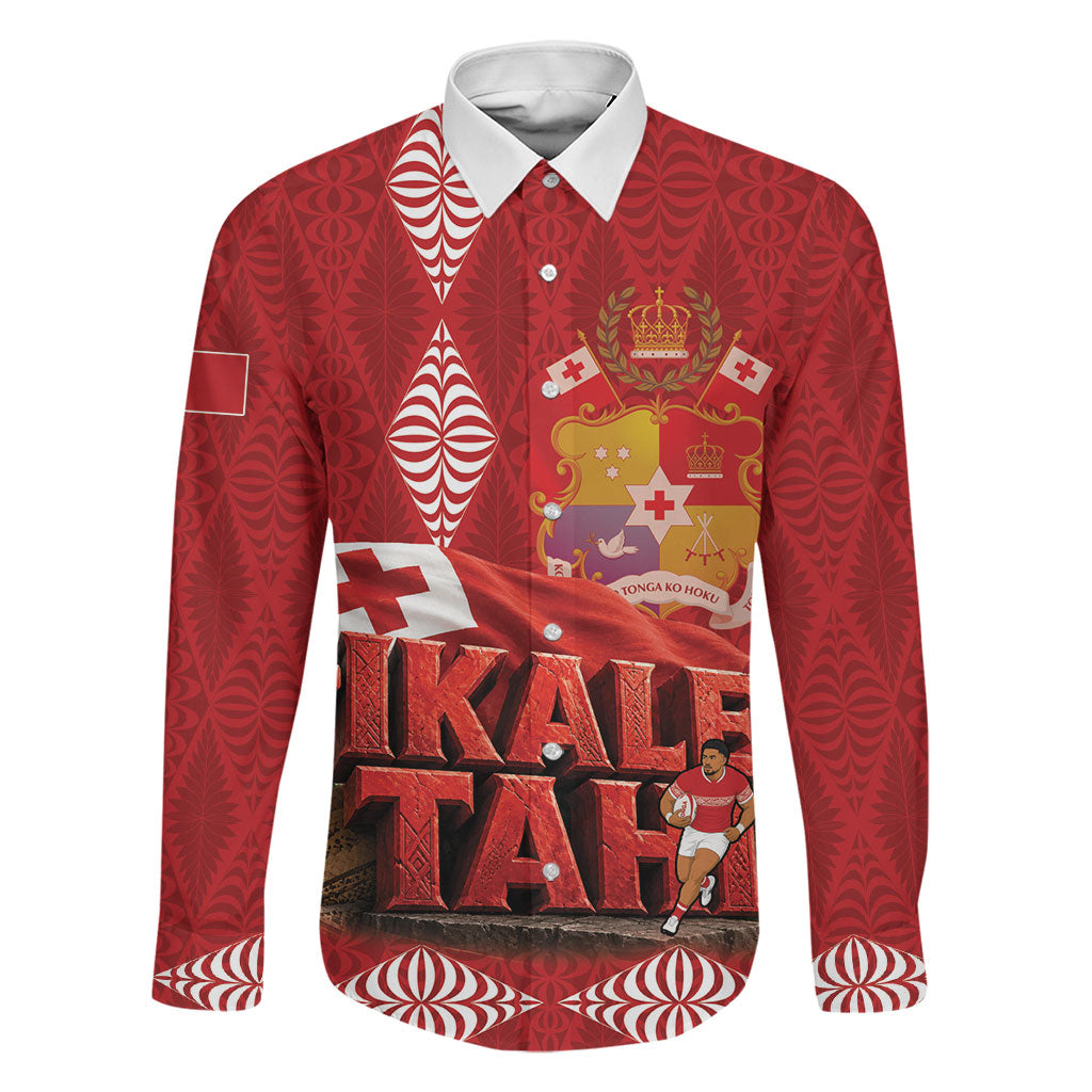 Tonga Rugby Custom Family Matching Short Sleeve Bodycon Dress and Hawaiian Shirt 2026 Go Ikale Tahi Ngatu Pattern LT14 Dad's Shirt - Long Sleeve Red - Polynesian Pride