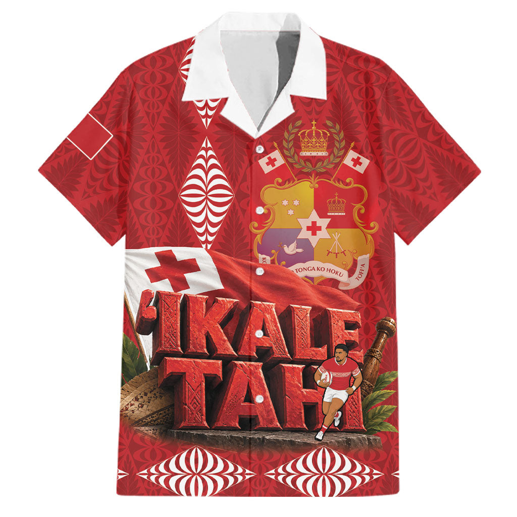 Tonga Rugby Custom Family Matching Tank Maxi Dress and Hawaiian Shirt 2026 Go Ikale Tahi Ngatu Pattern LT14 Dad's Shirt - Short Sleeve Red - Polynesian Pride