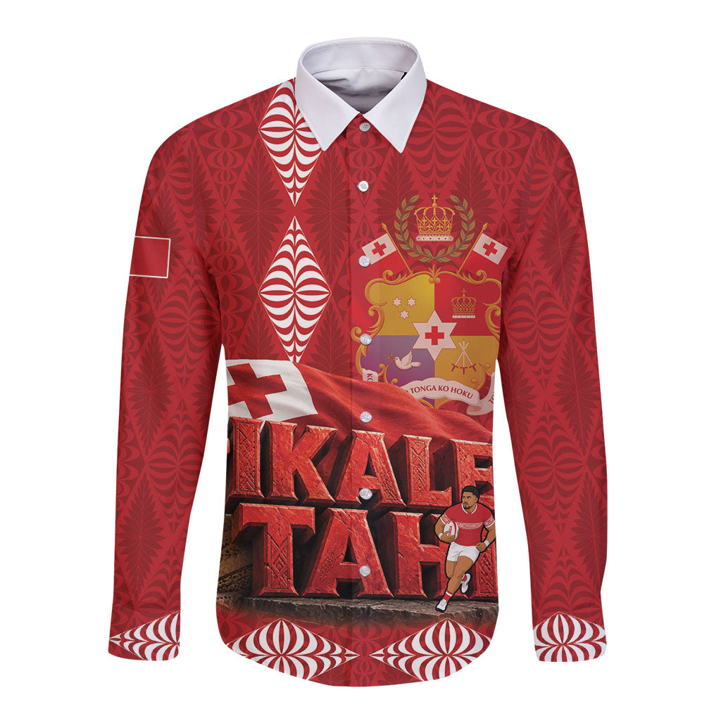 Tonga Rugby Custom Long Sleeve Button Shirt 2026 Go Ikale Tahi Ngatu Pattern LT14 Unisex Red - Polynesian Pride