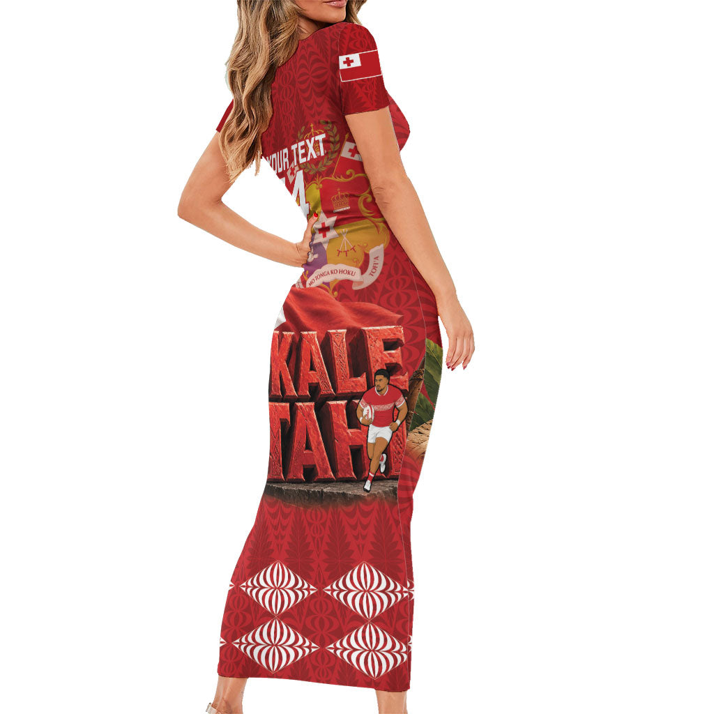 Tonga Rugby Custom Short Sleeve Bodycon Dress 2026 Go Ikale Tahi Ngatu Pattern LT14 - Polynesian Pride