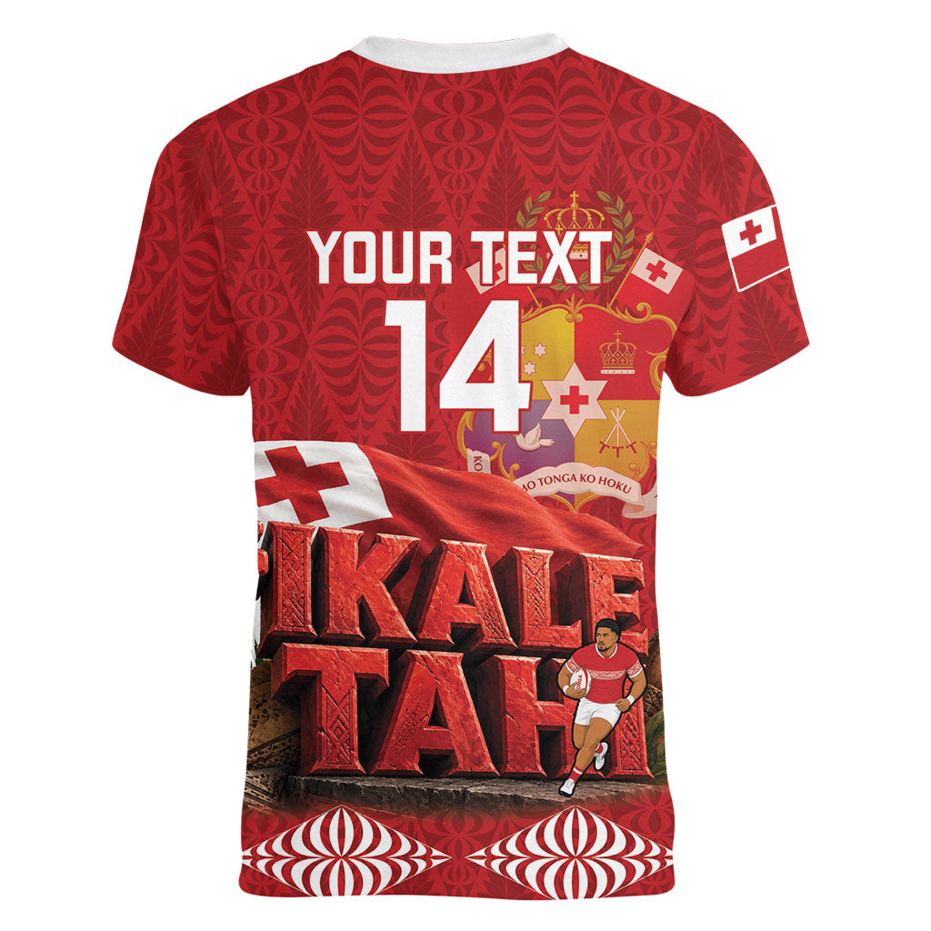 Tonga Rugby Custom Women V-Neck T-Shirt 2026 Go Ikale Tahi Ngatu Pattern LT14 - Polynesian Pride