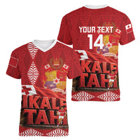 Tonga Rugby Custom Women V-Neck T-Shirt 2026 Go Ikale Tahi Ngatu Pattern LT14 - Polynesian Pride