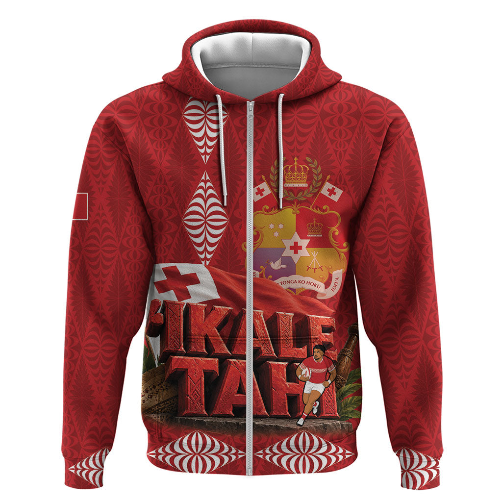 Tonga Rugby Custom Zip Hoodie 2026 Go Ikale Tahi Ngatu Pattern LT14 Zip Hoodie Red - Polynesian Pride