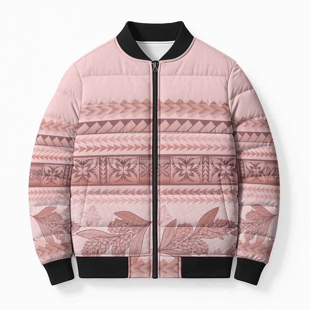 Pastel Pink Samoa Siapo Teuila Flowers Bomber Puffer Jacket - Polynesian Pride