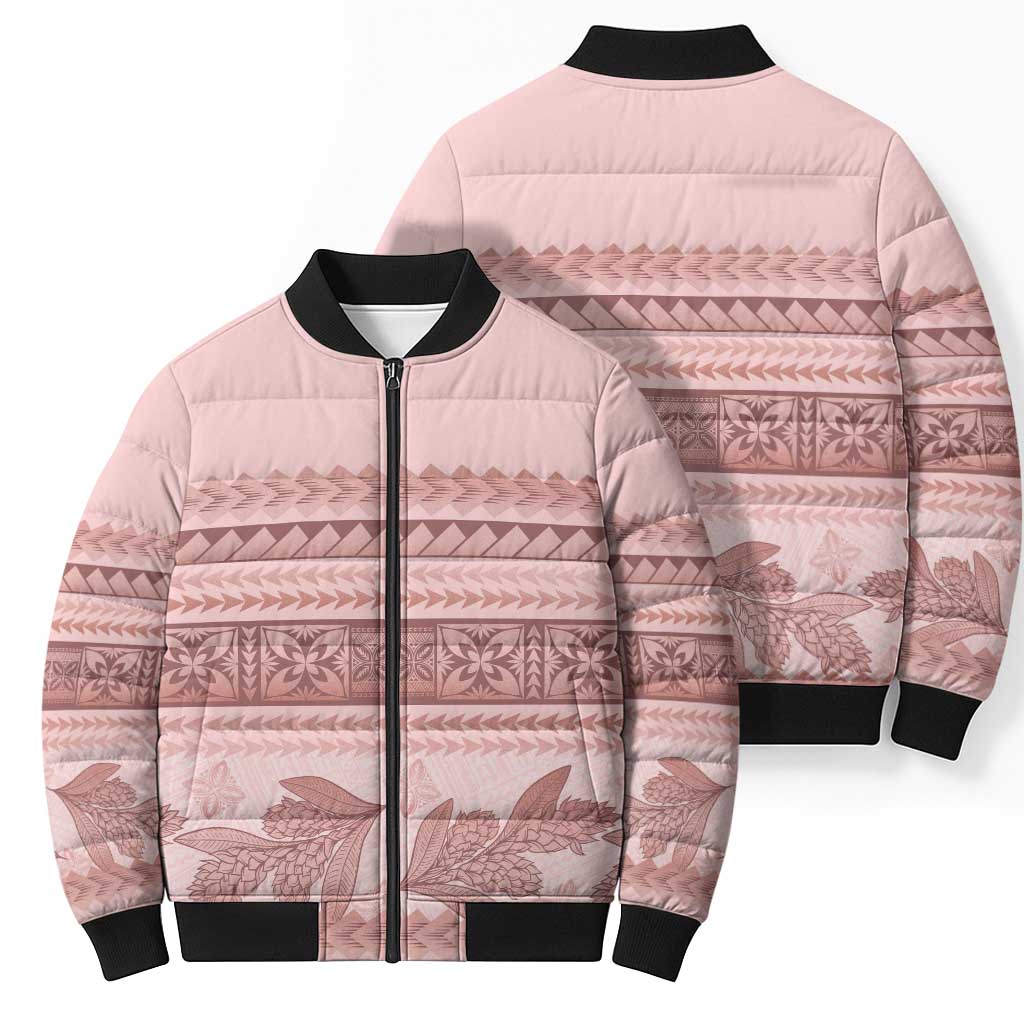 Pastel Pink Samoa Siapo Teuila Flowers Bomber Puffer Jacket - Polynesian Pride