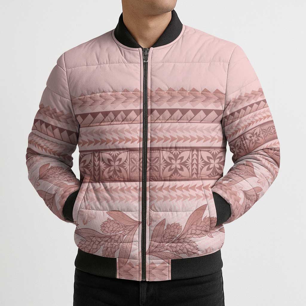 Pastel Pink Samoa Siapo Teuila Flowers Bomber Puffer Jacket - Polynesian Pride