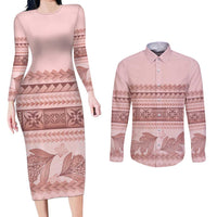 Pastel Pink Samoa Siapo Teuila Flowers Couples Matching Long Sleeve Bodycon Dress and Long Sleeve Button Shirt - Polynesian Pride