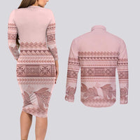 Pastel Pink Samoa Siapo Teuila Flowers Couples Matching Long Sleeve Bodycon Dress and Long Sleeve Button Shirt - Polynesian Pride