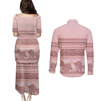 Pastel Pink Samoa Siapo Teuila Flowers Couples Matching Puletasi and Long Sleeve Button Shirt - Polynesian Pride