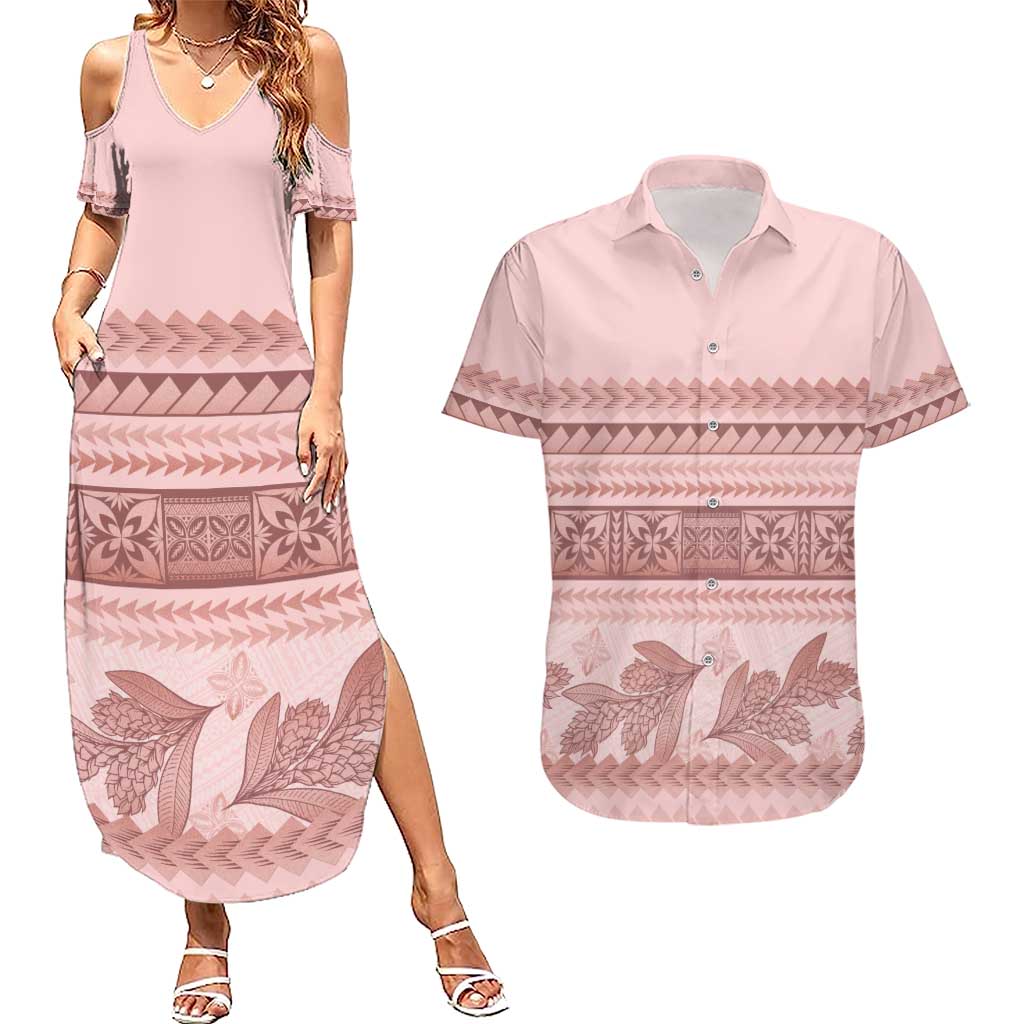 Pastel Pink Samoa Siapo Teuila Flowers Couples Matching Summer Maxi Dress and Hawaiian Shirt - Polynesian Pride