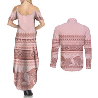 Pastel Pink Samoa Siapo Teuila Flowers Couples Matching Summer Maxi Dress and Long Sleeve Button Shirt - Polynesian Pride