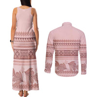 Pastel Pink Samoa Siapo Teuila Flowers Couples Matching Tank Maxi Dress and Long Sleeve Button Shirt - Polynesian Pride