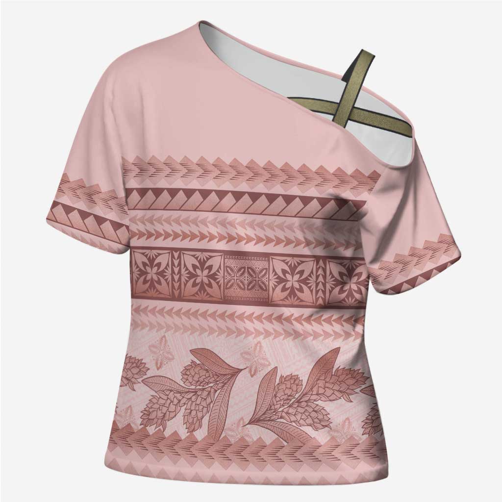 Pastel Pink Samoa Siapo Teuila Flowers Cross Shoulder Shirt - Polynesian Pride