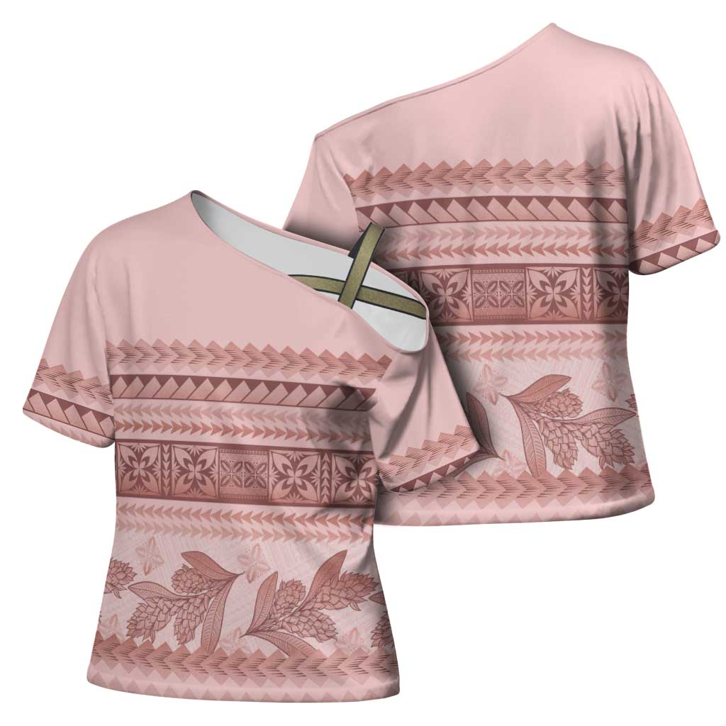 Pastel Pink Samoa Siapo Teuila Flowers Cross Shoulder Shirt - Polynesian Pride