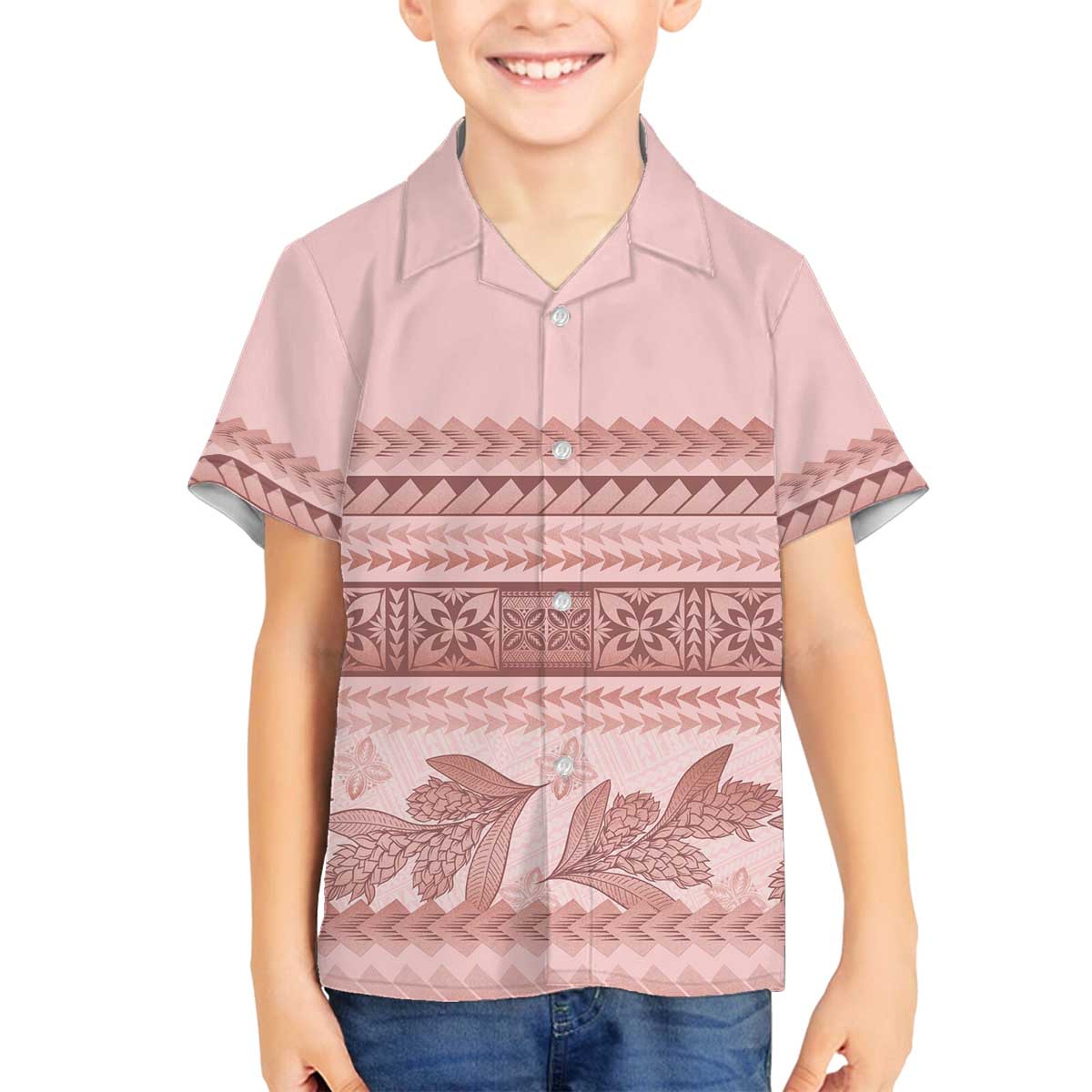 Pastel Pink Samoa Siapo Teuila Flowers Family Matching Off The Shoulder Long Sleeve Dress and Hawaiian Shirt - Polynesian Pride