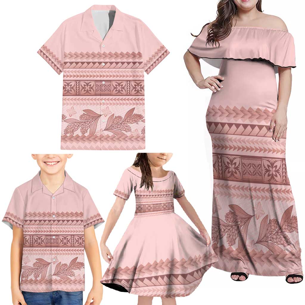 Pastel Pink Samoa Siapo Teuila Flowers Family Matching Off Shoulder Maxi Dress and Hawaiian Shirt - Polynesian Pride