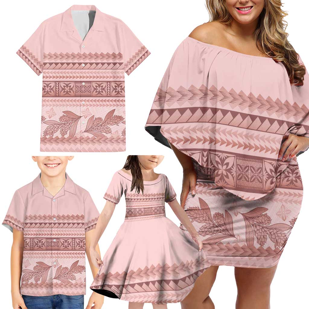 Pastel Pink Samoa Siapo Teuila Flowers Family Matching Off Shoulder Short Dress and Hawaiian Shirt - Polynesian Pride