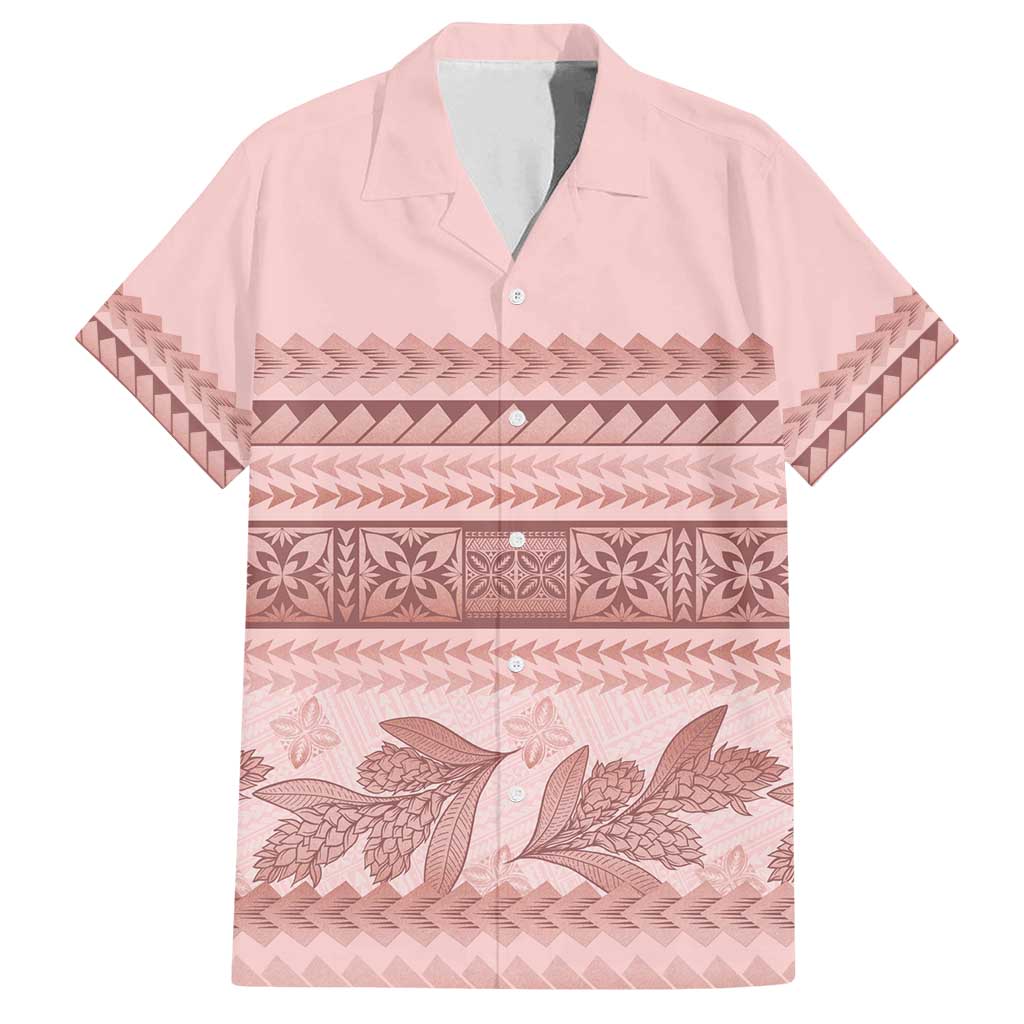 Pastel Pink Samoa Siapo Teuila Flowers Family Matching Off Shoulder Short Dress and Hawaiian Shirt - Polynesian Pride