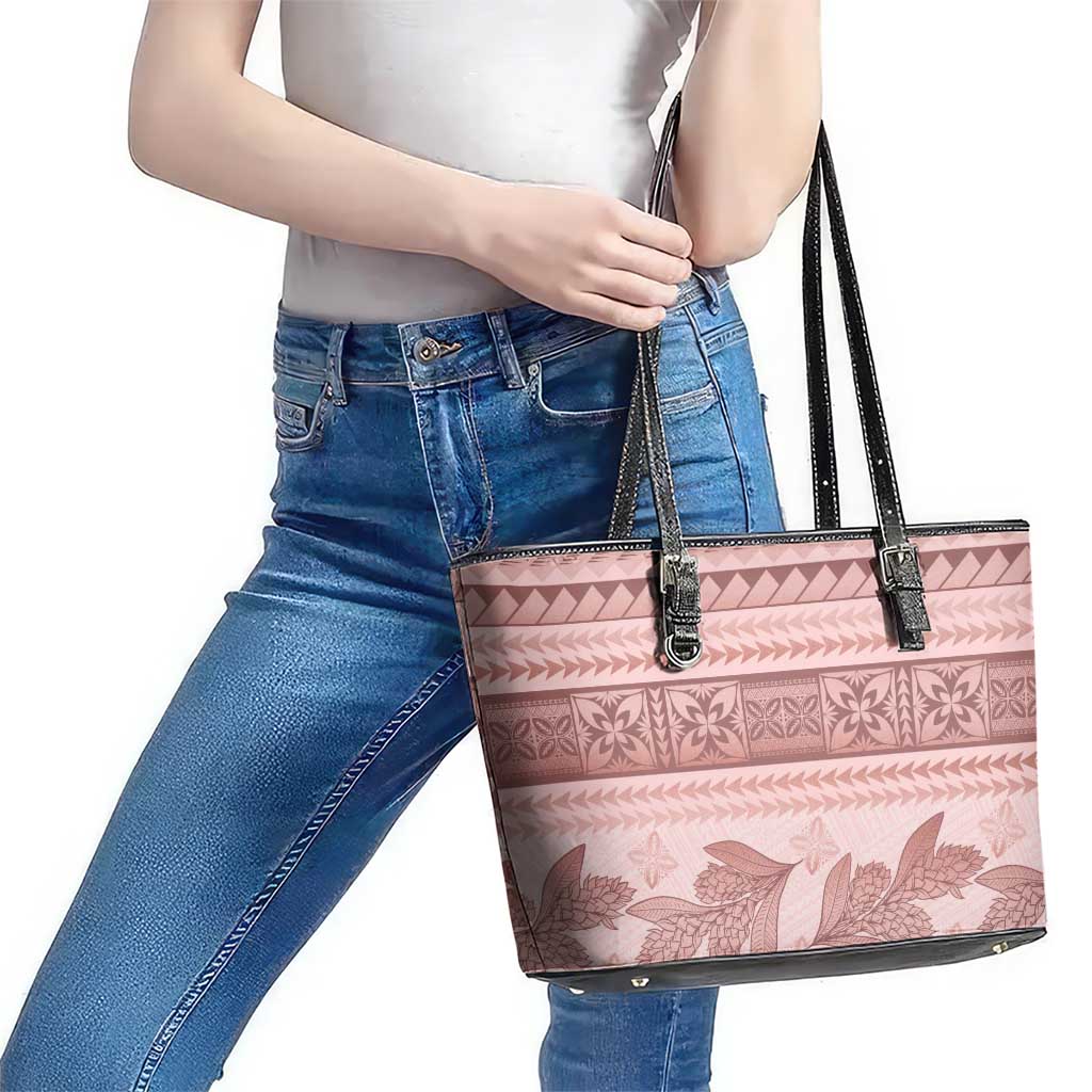 Pastel Pink Samoa Siapo Teuila Flowers Leather Tote Bag - Polynesian Pride