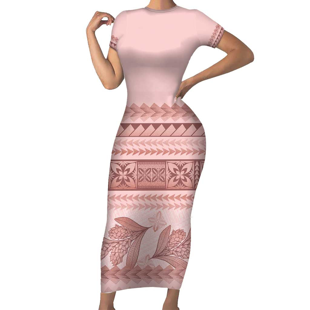 Pastel Pink Samoa Siapo Teuila Flowers Short Sleeve Bodycon Dress - Polynesian Pride