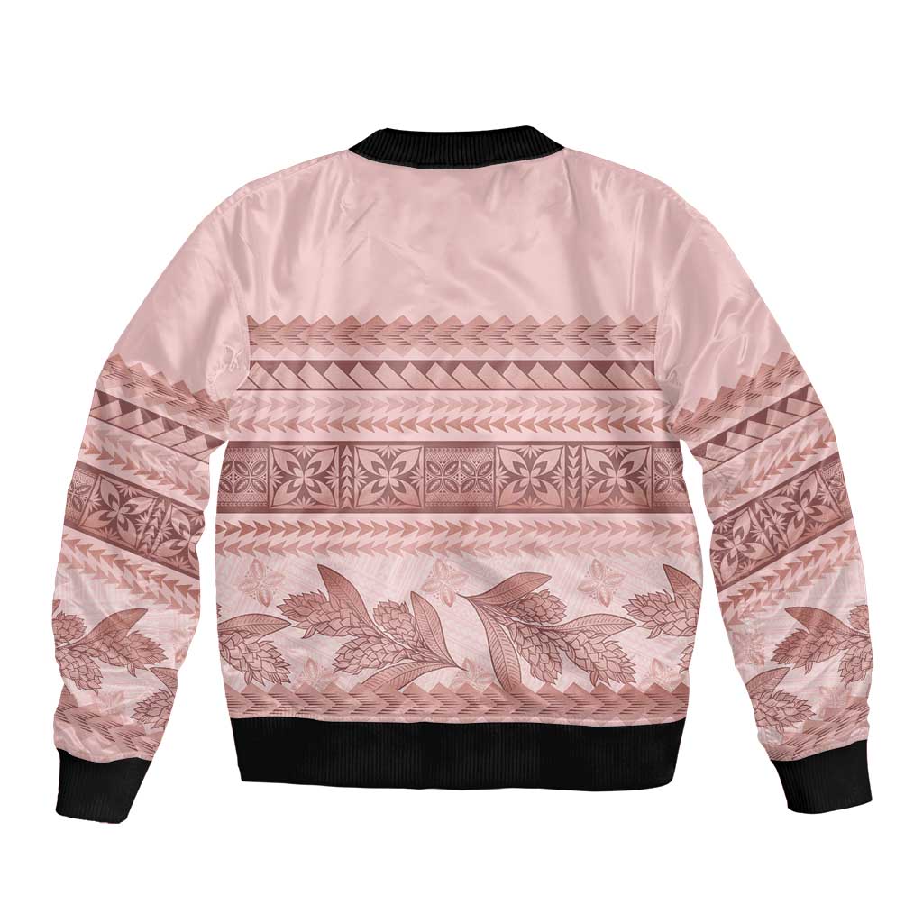 Pastel Pink Samoa Siapo Teuila Flowers Sleeve Zip Bomber Jacket LT14 - Polynesian Pride