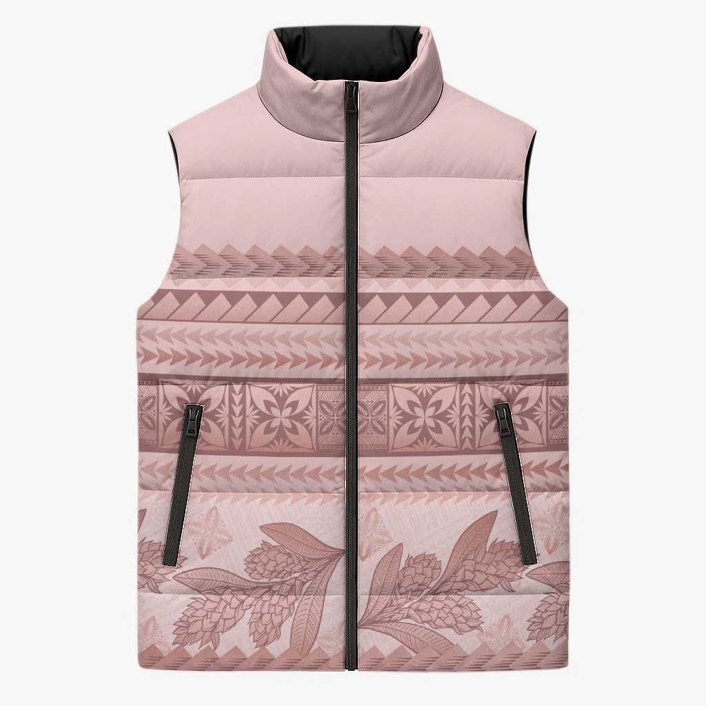 Pastel Pink Samoa Siapo Teuila Flowers Sleeveless Puffer Jacket - Polynesian Pride