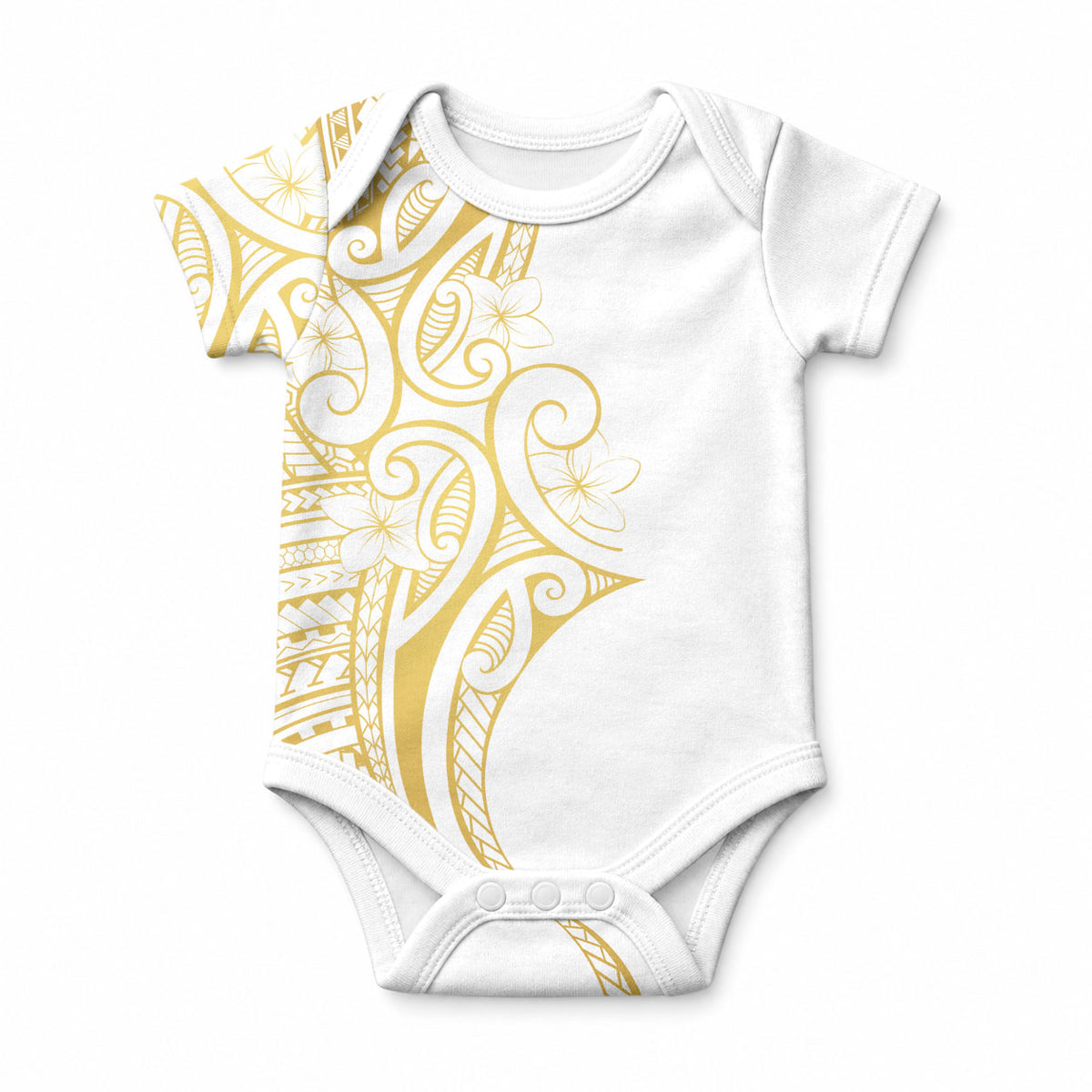 Polynesia White Sunday Baby Onesie Plumeria Polynesian Tribal Gold Color