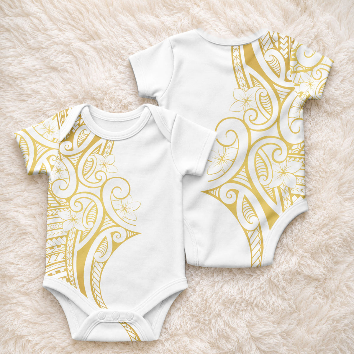Polynesia White Sunday Baby Onesie Plumeria Polynesian Tribal Gold Color