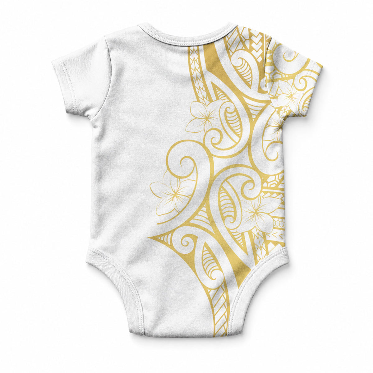 Polynesia White Sunday Baby Onesie Plumeria Polynesian Tribal Gold Color