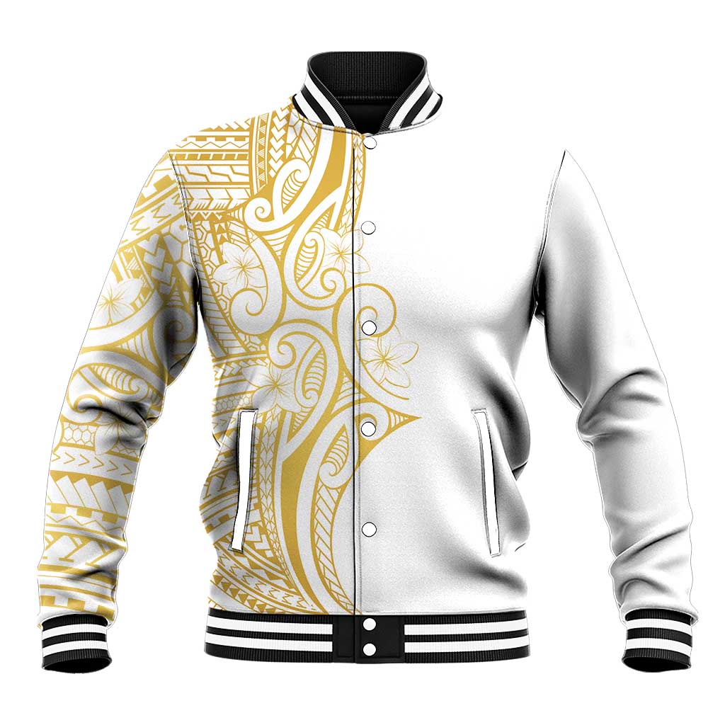 Polynesia White Sunday Baseball Jacket Plumeria Polynesian Tribal Gold Color - Polynesian Pride
