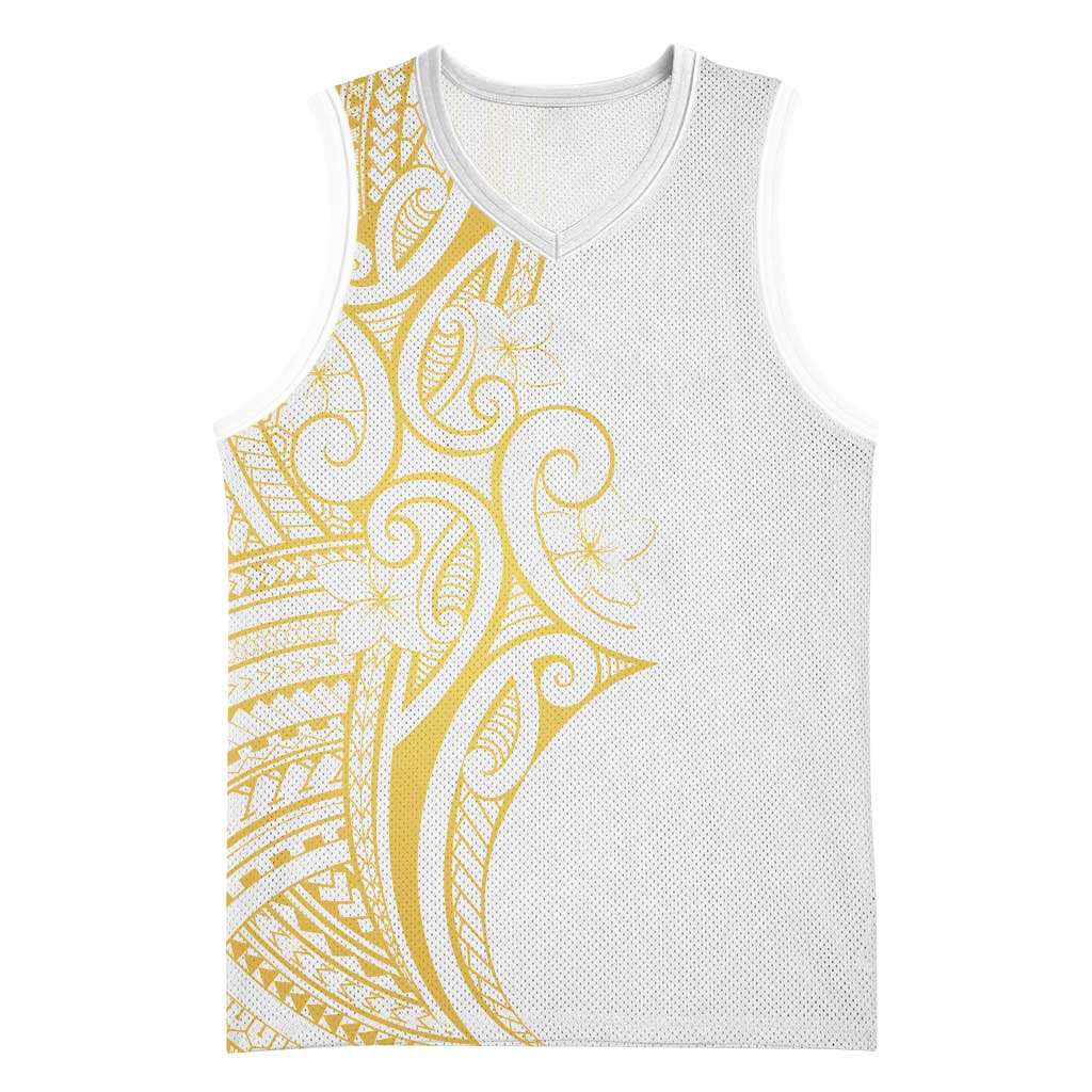 Polynesia White Sunday Basketball Jersey Plumeria Polynesian Tribal Gold Color - Polynesian Pride