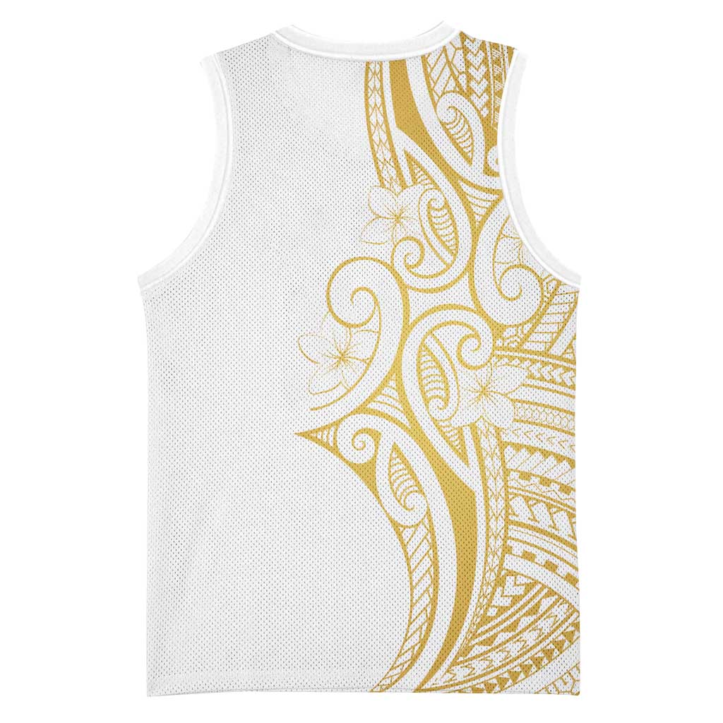 Polynesia White Sunday Basketball Jersey Plumeria Polynesian Tribal Gold Color - Polynesian Pride