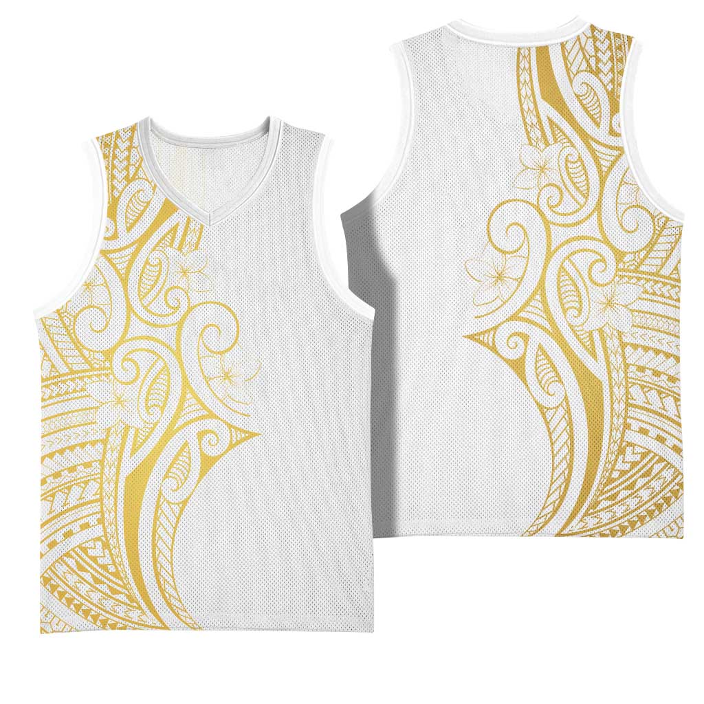 Polynesia White Sunday Basketball Jersey Plumeria Polynesian Tribal Gold Color - Polynesian Pride