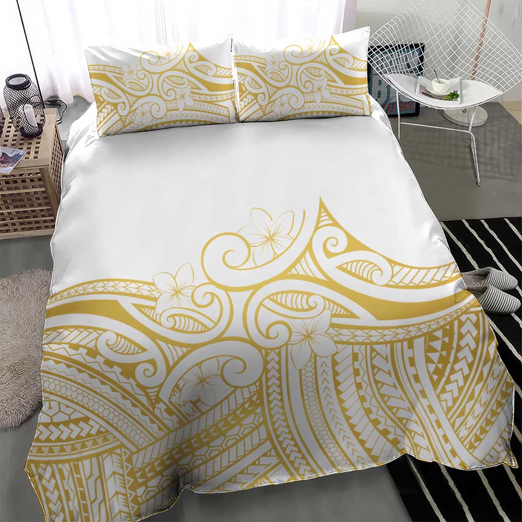 Polynesia White Sunday Bedding Set Plumeria Polynesian Tribal Gold Color - Polynesian Pride