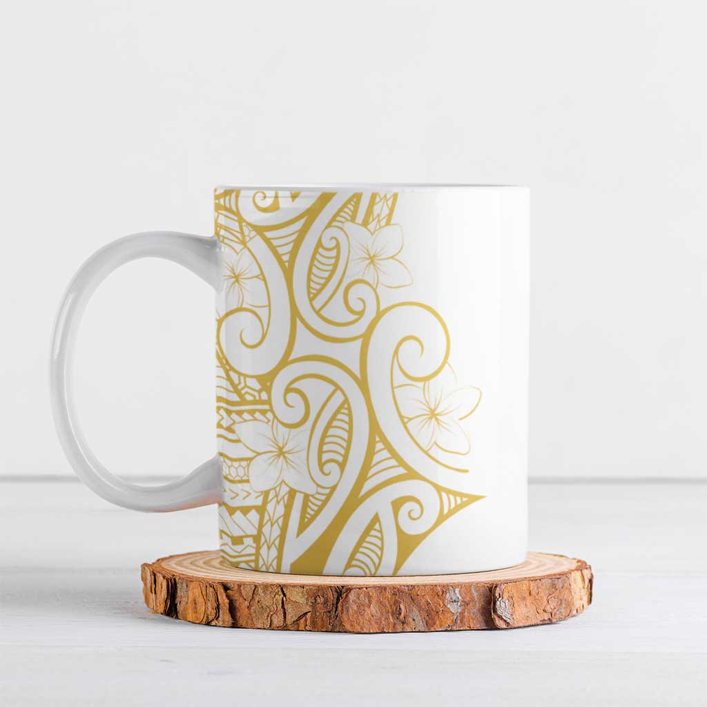 Polynesia White Sunday Ceramic Mug Plumeria Polynesian Tribal Gold Color - Polynesian Pride