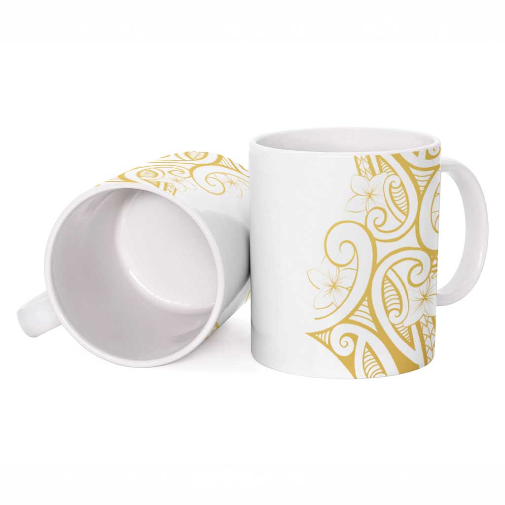 Polynesia White Sunday Ceramic Mug Plumeria Polynesian Tribal Gold Color - Polynesian Pride