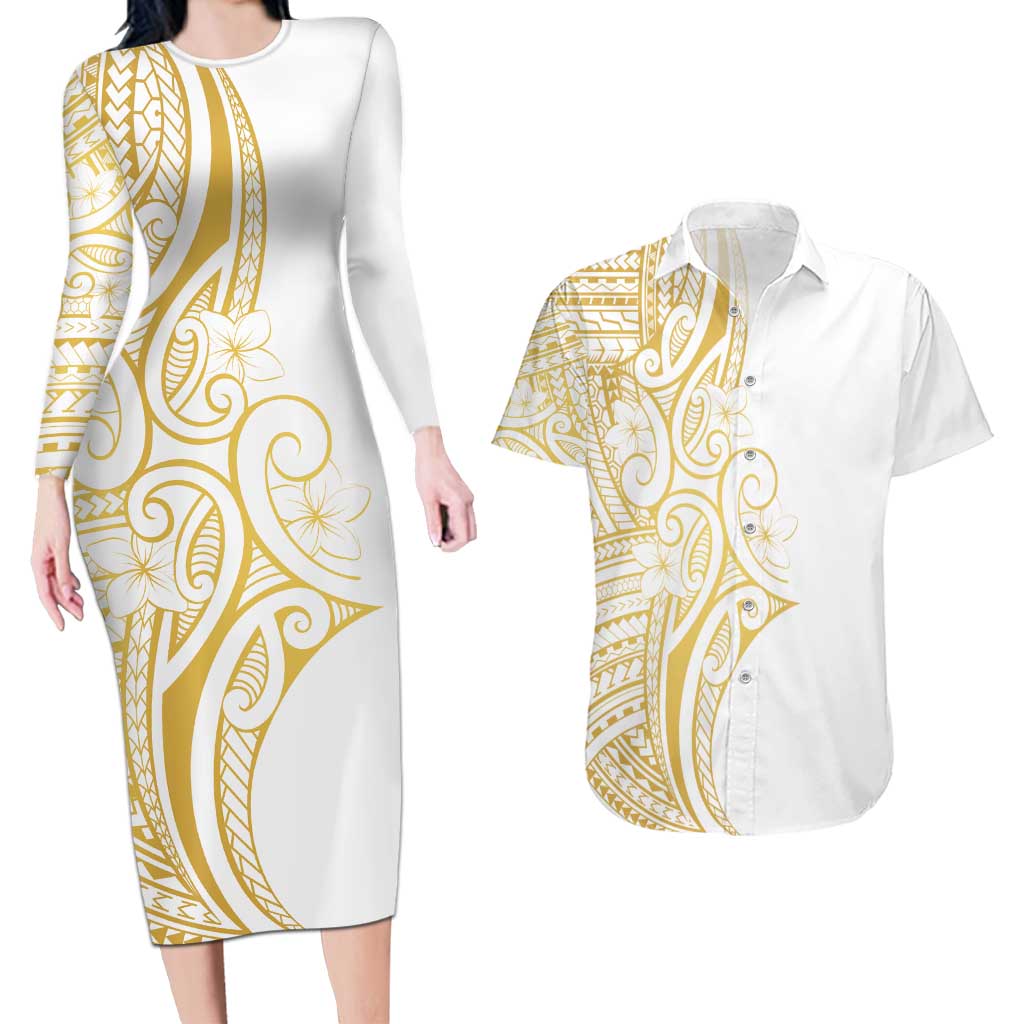 Polynesia White Sunday Couples Matching Long Sleeve Bodycon Dress and Hawaiian Shirt Plumeria Polynesian Tribal Gold Color - Polynesian Pride