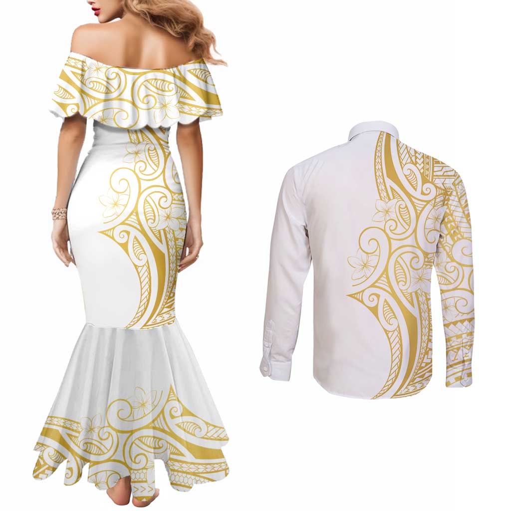 Polynesia White Sunday Couples Matching Mermaid Dress and Long Sleeve Button Shirt Plumeria Polynesian Tribal Gold Color - Polynesian Pride